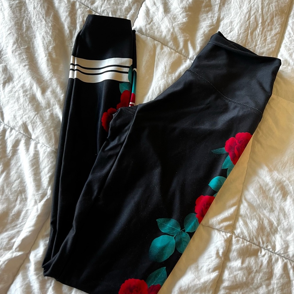 PINK Victoria's Secret Black Leggings with Red Floral Design